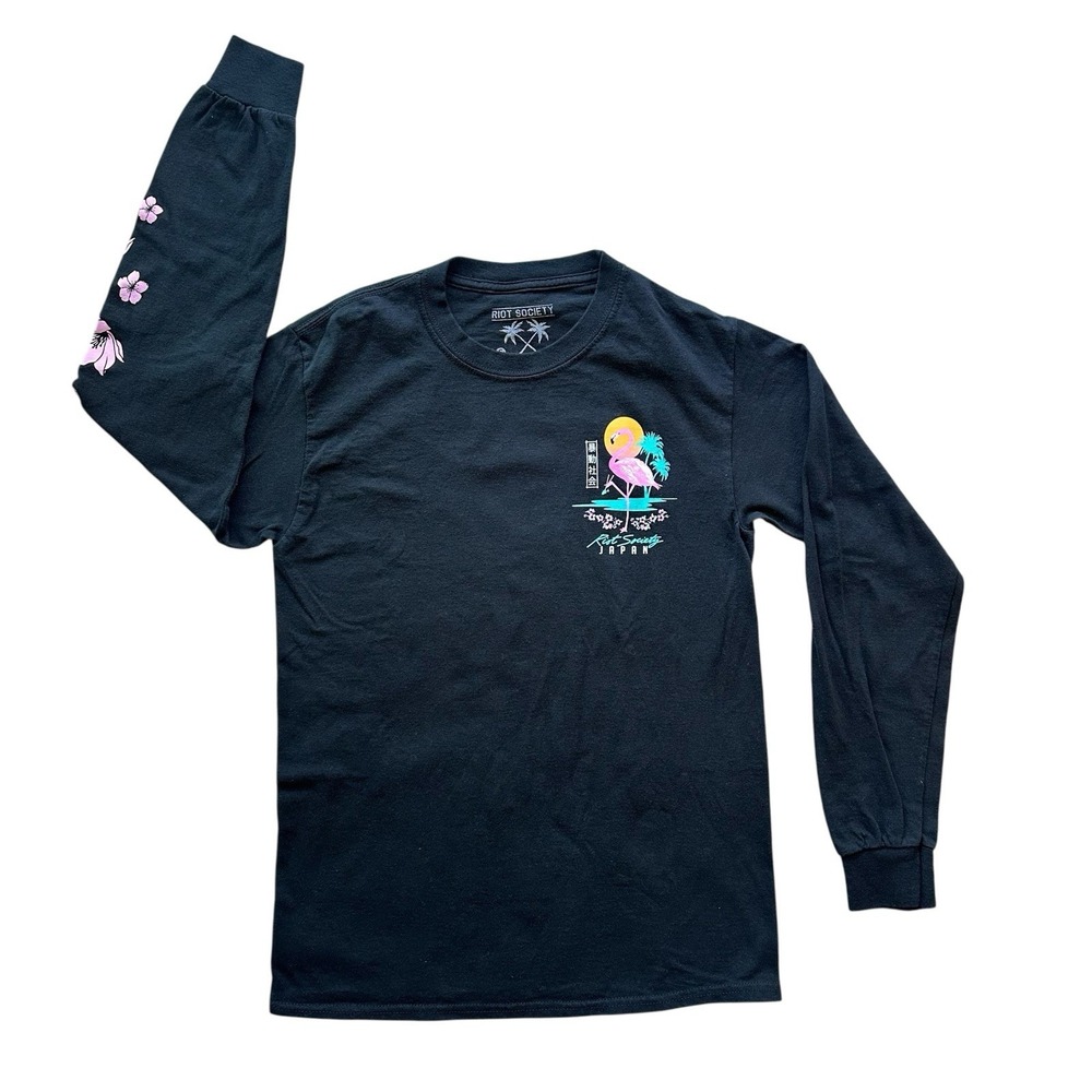 Riot Society Flamingo Japan Long Sleeve Tee Black Unisex Streetwear Size S